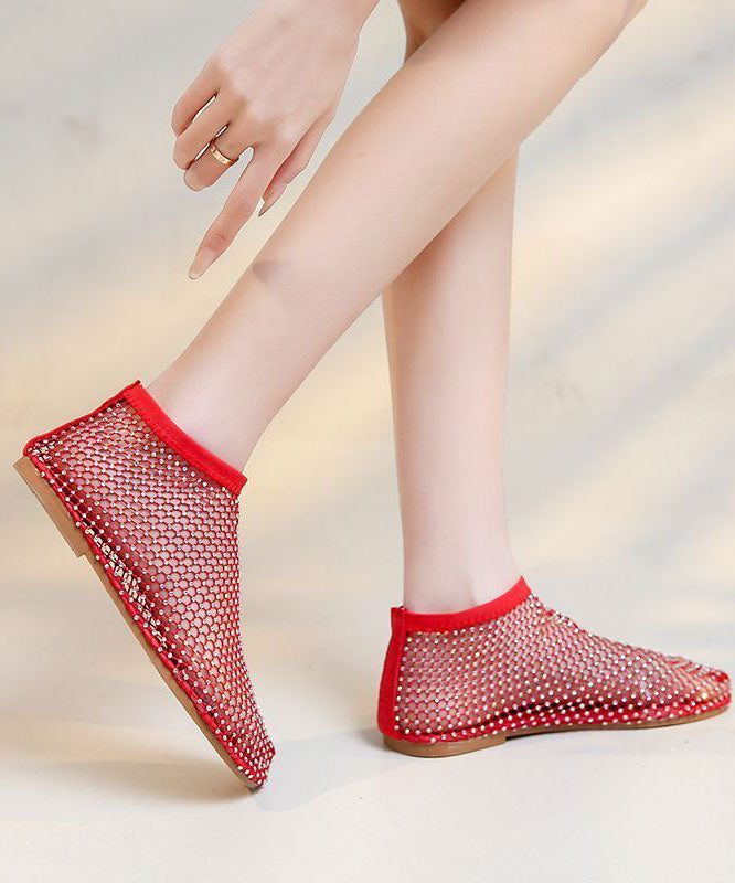 Red Breathable Mesh Sandals Boots Splicing Zircon
