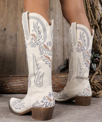White Embossed Faux Leather Pointed Toe Chunky Thigh Boots