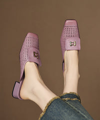 Apricot Cowhide Leather Splicing Hollow Out Slide Sandals