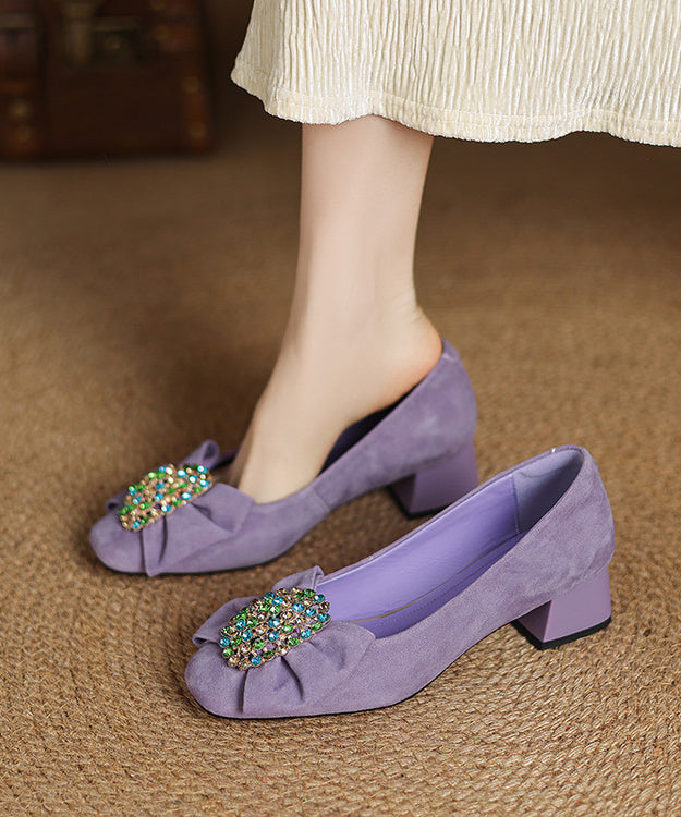 French Black Bow Zircon Splicing Chunky Heel Shoes Suede