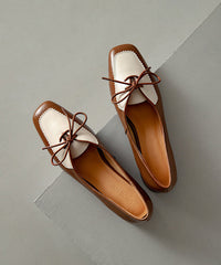 Original Design Brown Cowhide Leather Lace Up Splicing Flats