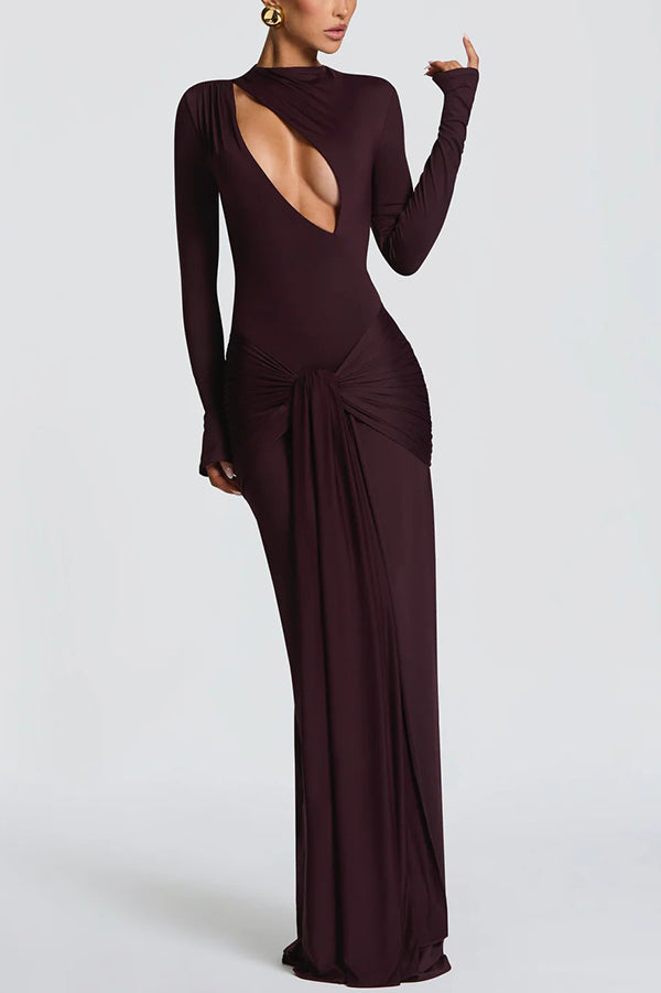Cutout Fitted Long-sleeved Pleated Satin Ribbon Maxi Dresses
