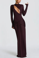 Cutout Fitted Long-sleeved Pleated Satin Ribbon Maxi Dresses