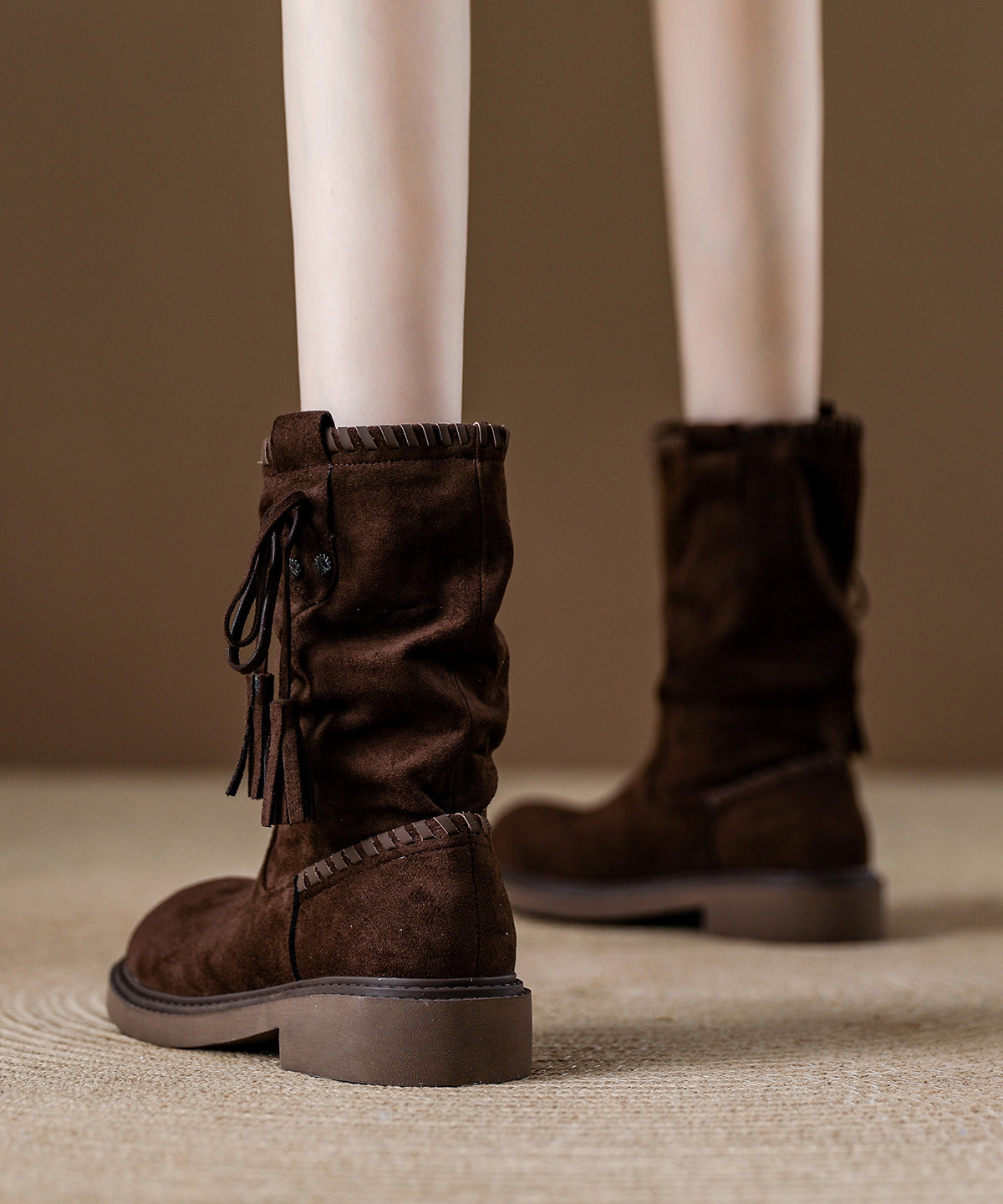 Khaki Suede Tassel Splicing Wrinkled Boots