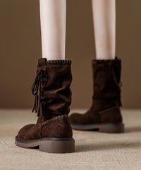 Khaki Suede Tassel Splicing Wrinkled Boots