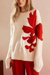 Color-blocked Floral Loose Long-sleeved Knit Sweater