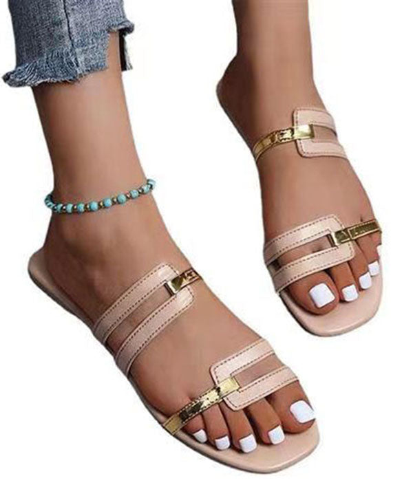 Peep Toe Faux Leather Beige Splicing Flats Slide Sandals