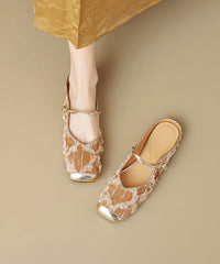 Apricot Ruffled Print Cowhide Leather Slide Sandals