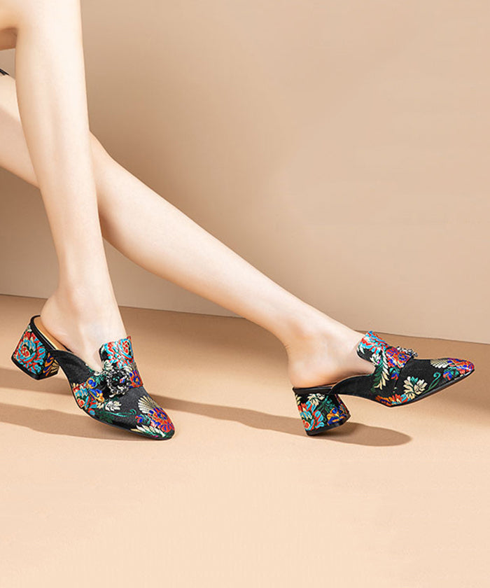 Yellow Embroidered Zircon Satin Chunky Sandals