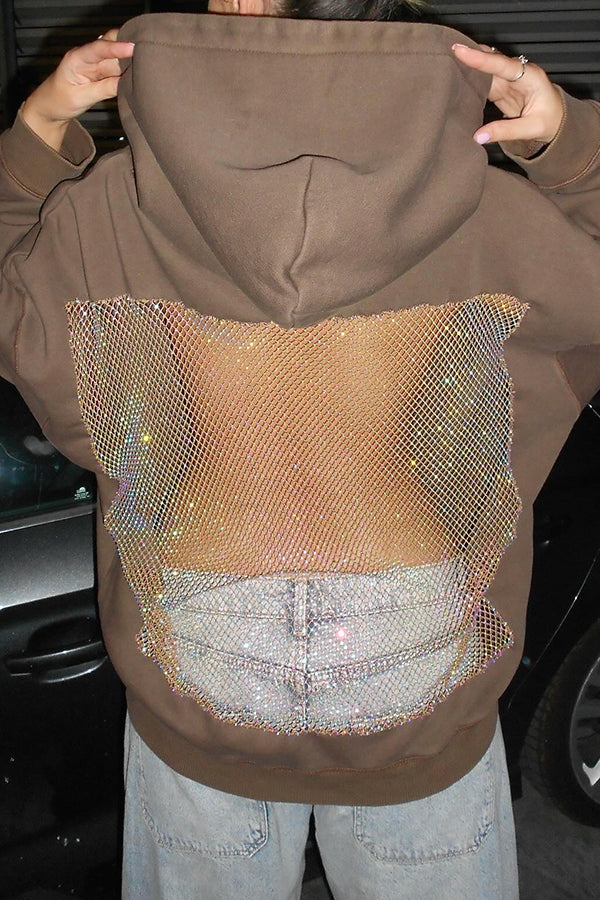 Shiny Mesh Hollow Back Loose Long-sleeved Hooded Sweatshirt