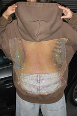 Shiny Mesh Hollow Back Loose Long-sleeved Hooded Sweatshirt