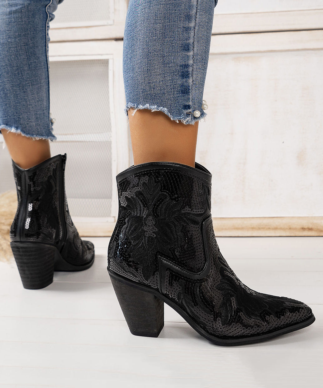 Chic Black Embossed Sequins Cotton Fabric Chunky Ankle Boots
