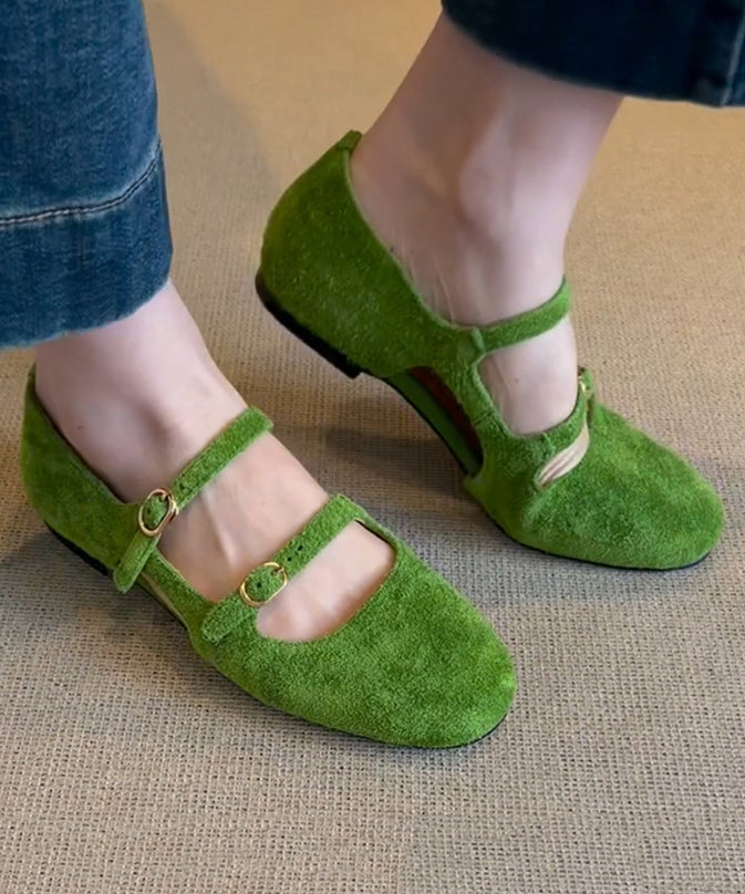 Casual Buckle Strap Splicing Flat Feet Shoes Green Suede
