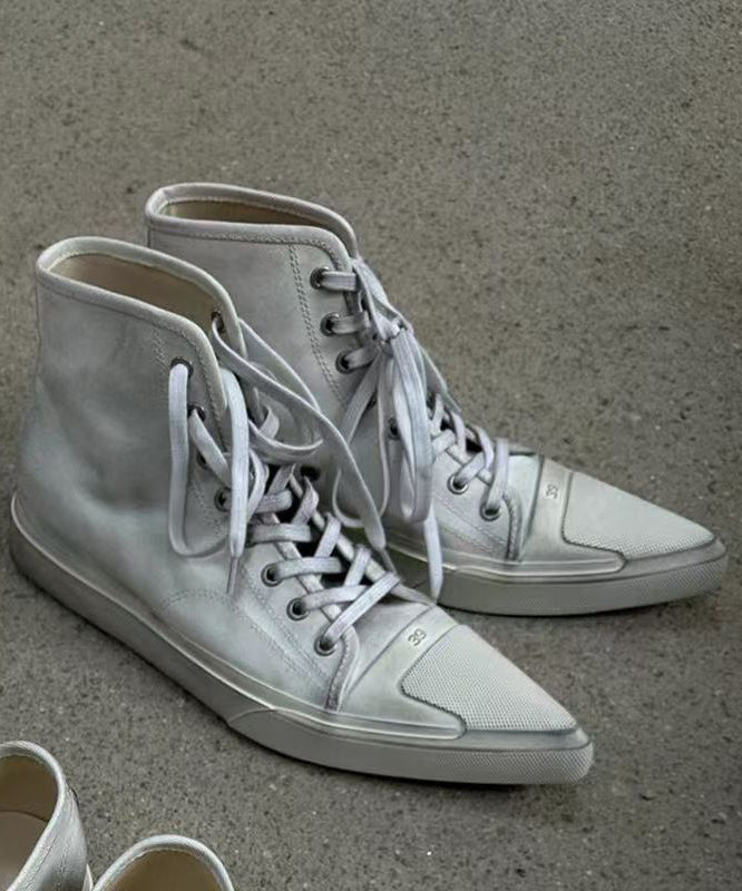 White Pointed Toe High Top Board Shoes Lace Up