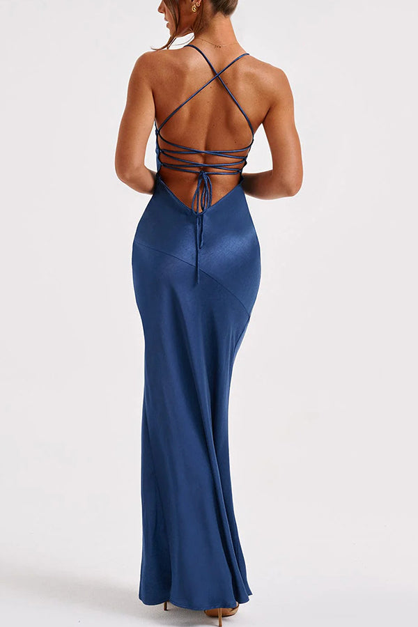 Satin Solid Color Backless Lace Up High Slit Maxi Dress