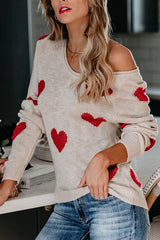 Color-blocked Heart-patterned Long-sleeved Loose Knit Sweater