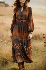Hollowed-out Round Neck Long Sleeve Fitted Waist Midi Dress