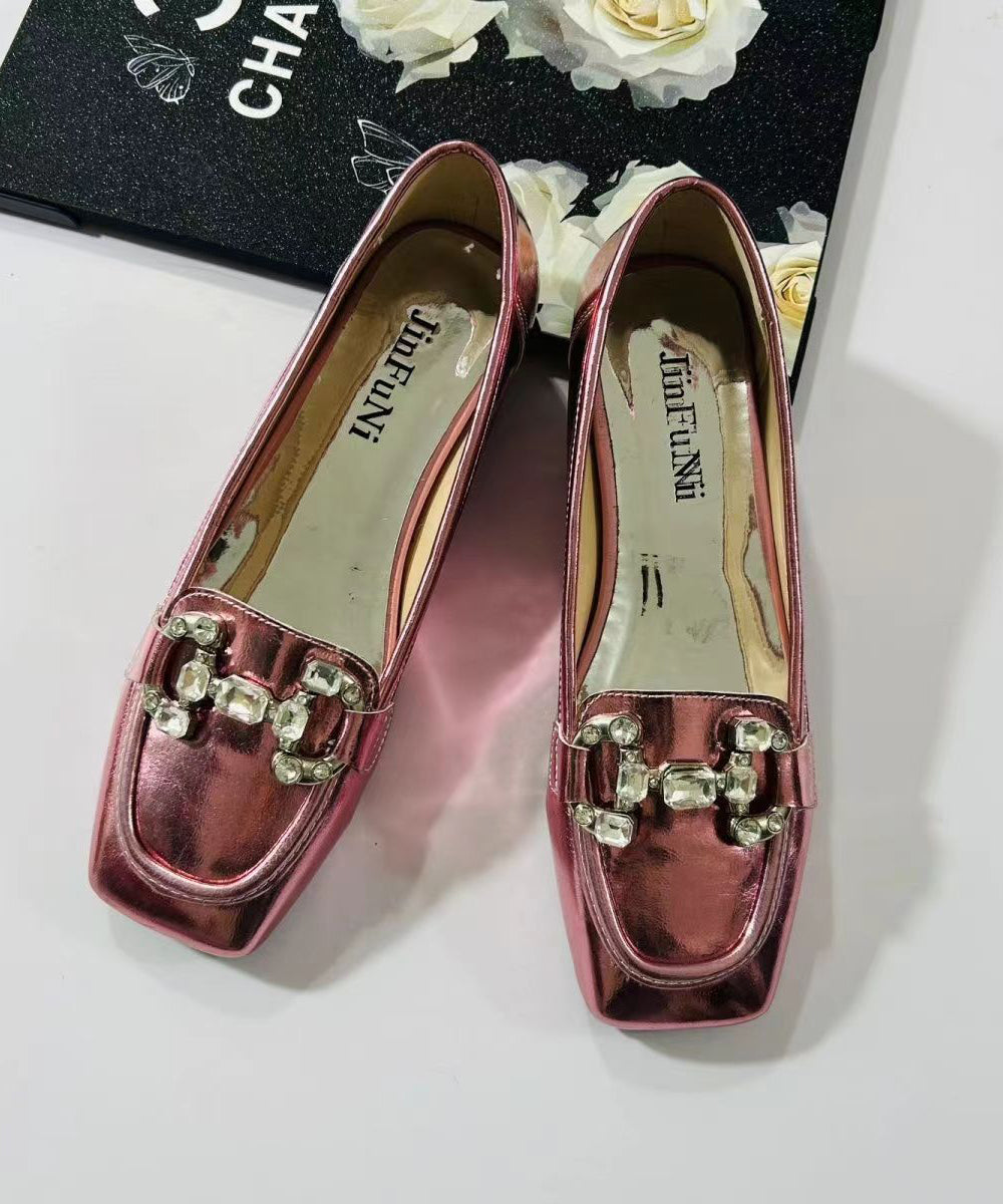 Rose Zircon Faux Leather Square Toe Flats