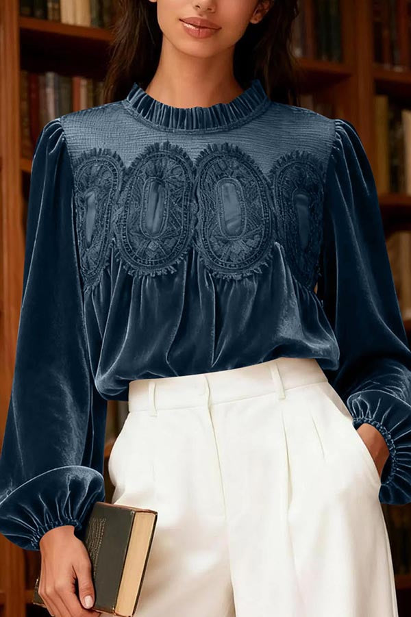 Velvet and Lace Patchwork Loose Long-sleeved Top