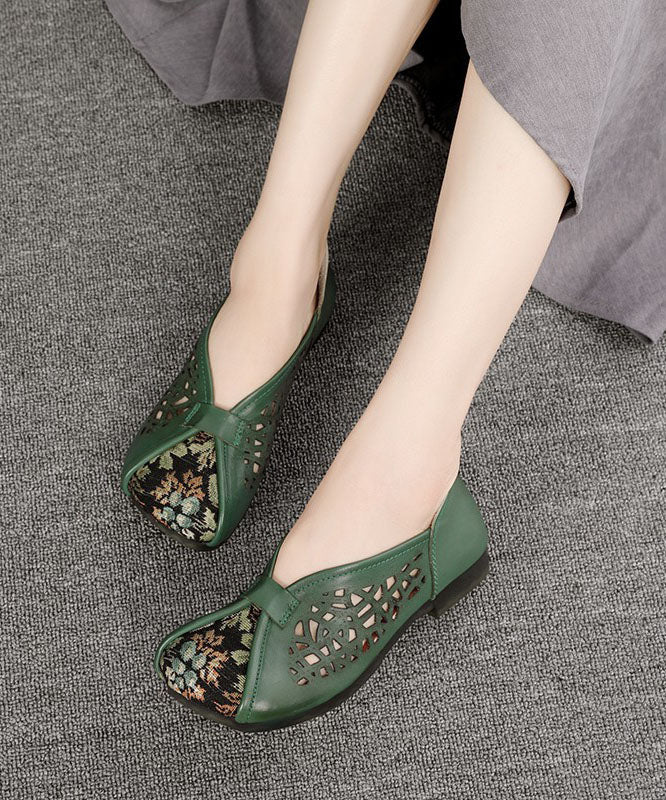 Green Hollow Out Cowhide Leather Flat Shoes For Splicing Flats