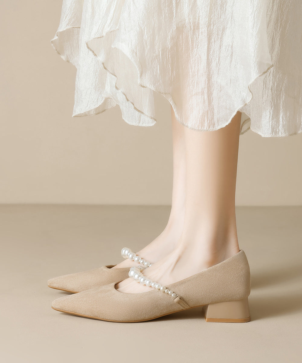 Black Chunky Shoes Suede Classy Pearl Splicing Pointed Toe