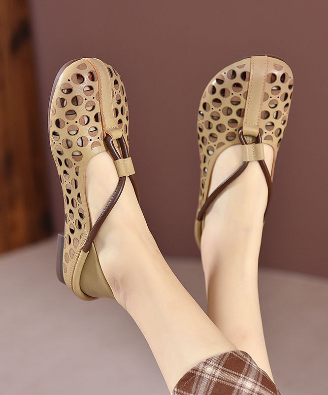 Beige Flat Feet Shoes Cowhide Leather Hollow Out Flat Feet Shoes