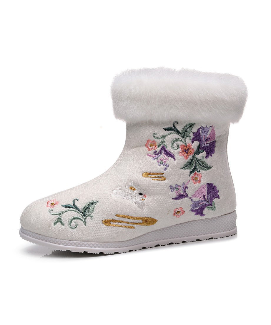 White Cotton Fabric Embroidery Splicing Boots
