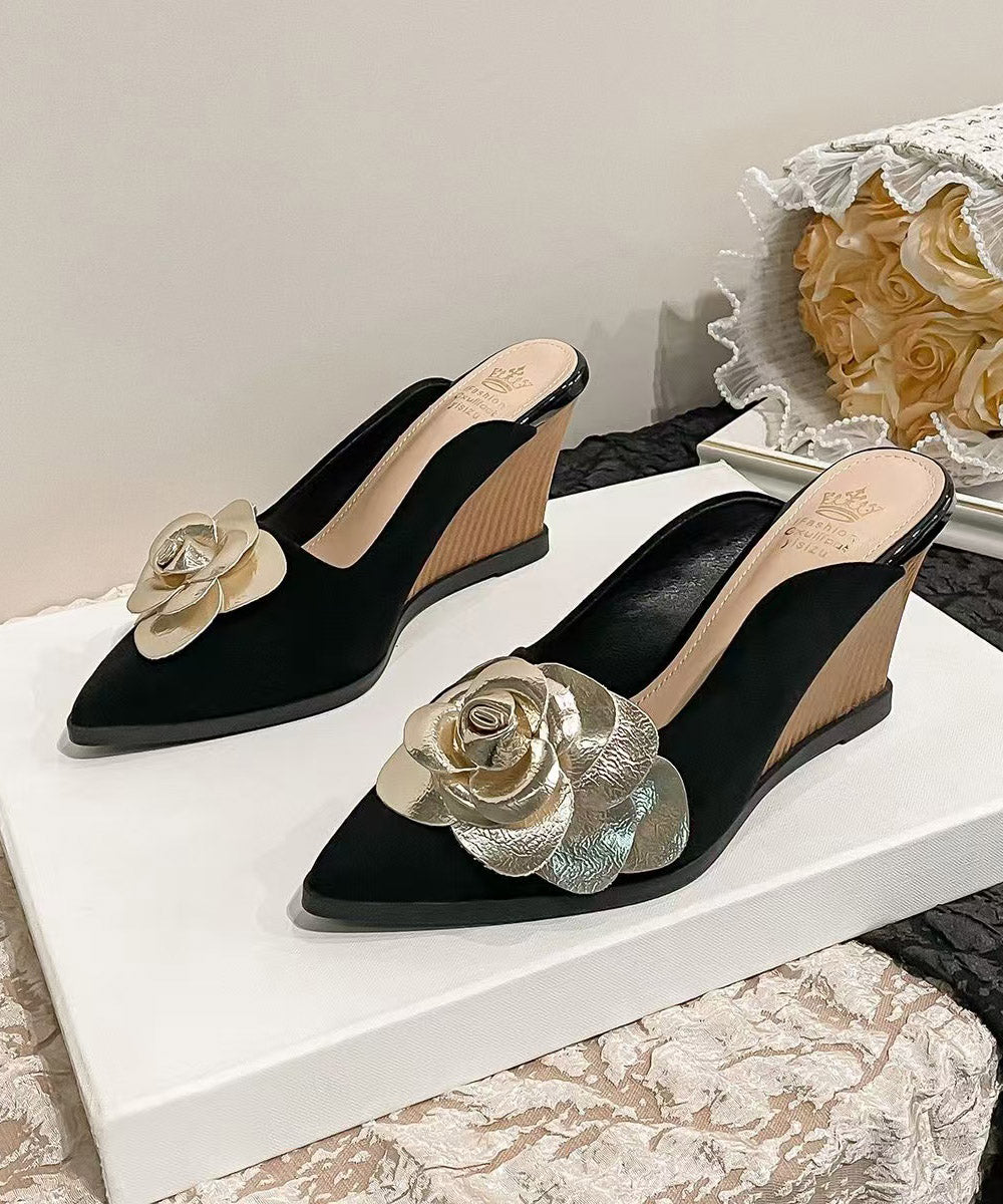 Classy Floral Splicing Wedge Heels Black Suede Slide Sandals