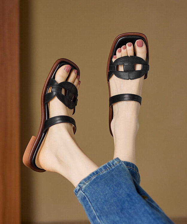 Brown Splicing Cowhide Leather Slide Sandals Peep Toe