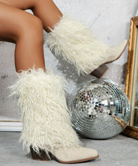 Stylish White Fuzzy Wool Lined Splicing Suede Chunky Boots