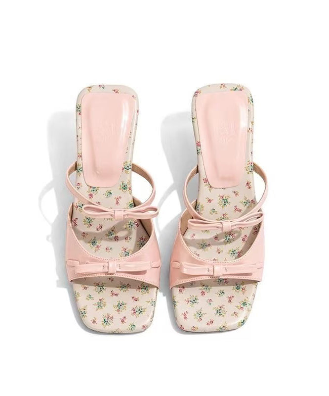 Bow Splicing Wedge Pink Faux Leather Slide Sandals Peep Toe