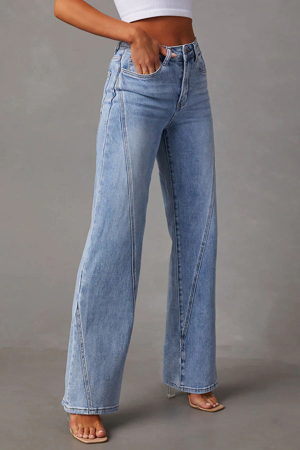 Patchwork Casual Loose Pocket Wide Leg Jeans