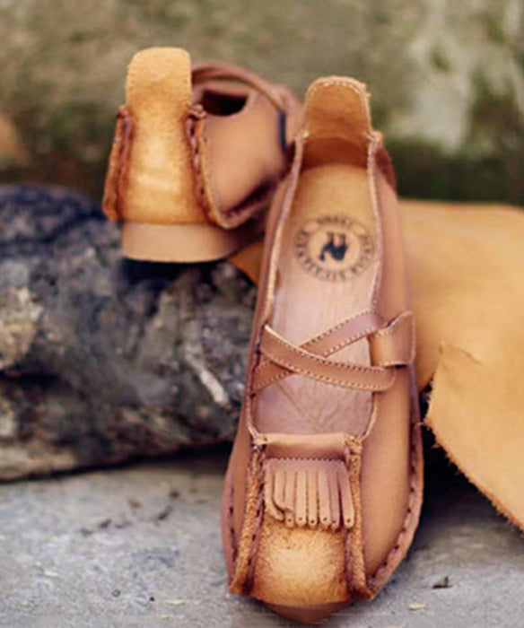 Khaki Buckle Strap Cowhide Leather Flats Shoes