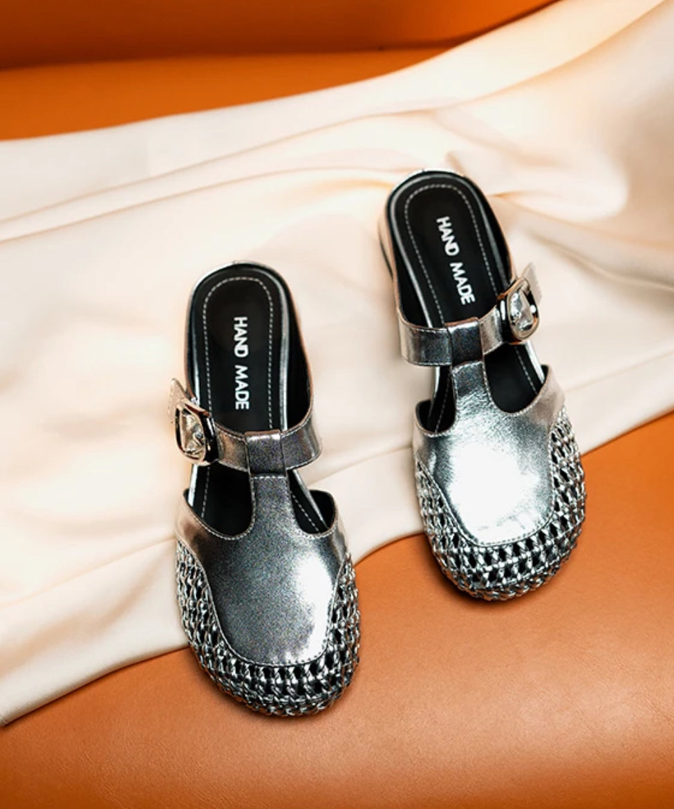 Silver Cowhide Leather Splicing Hollow Out Slide Sandals