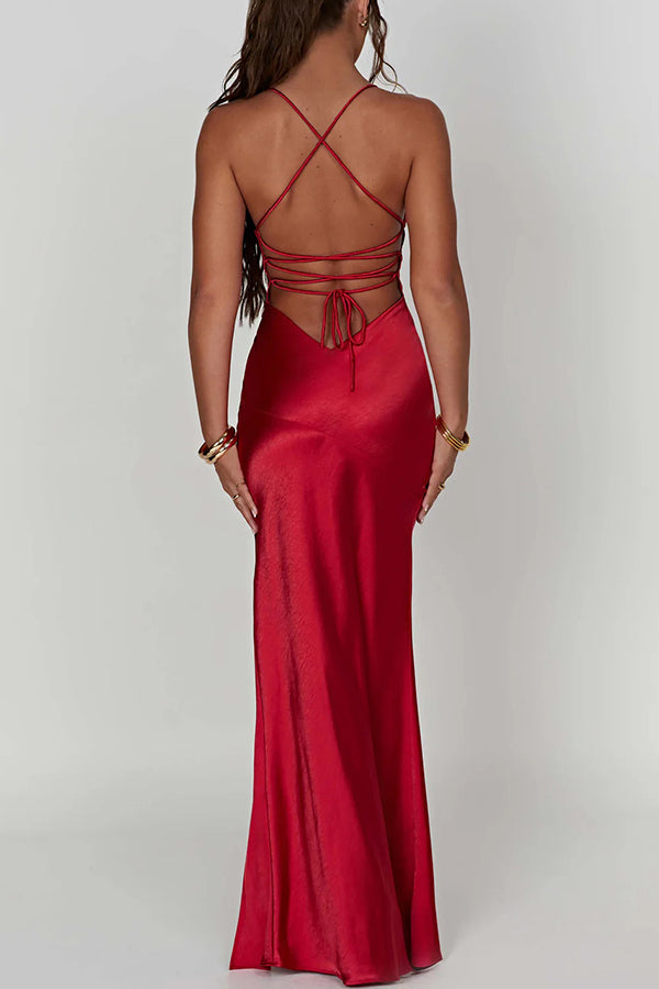 Satin Solid Color Backless Lace Up High Slit Maxi Dress