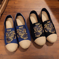 Navy Embroideried Splicing Flat Shoes Cotton Linen Fabric