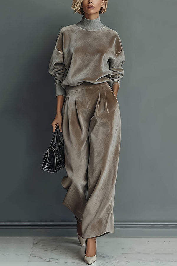 Velvet Turtleneck Long-sleeved Top and Casual Pocket Wide-leg Pants Set