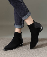 Black Suede Zippered Splicing Ankle Boots Pointed Toe