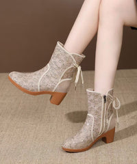 Fitted Sequins Splicing Chunky Boots Beige Breathable Mesh