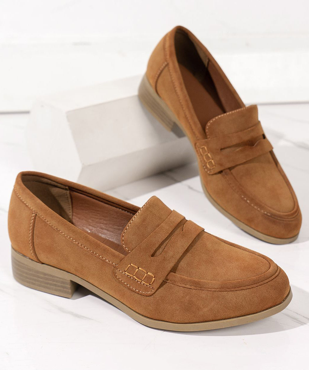 Simple Brown Round Head Solid Suede Low Heel Flats Shoes