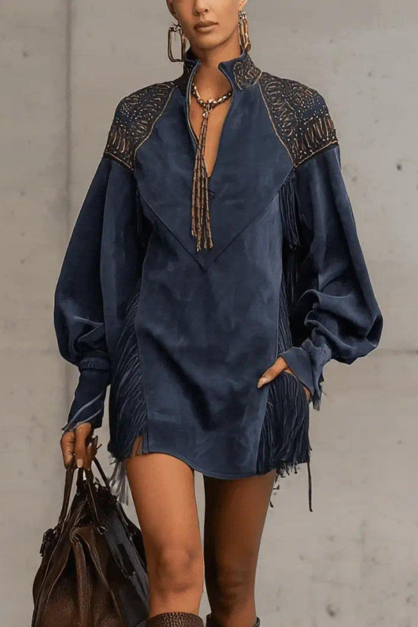 Suede V-neck Long-sleeved Tassel Loose Mini Dress