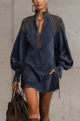 Suede V-neck Long-sleeved Tassel Loose Mini Dress