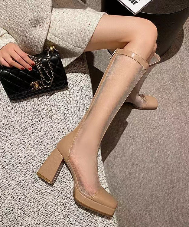 Black Tulle Splicing Zippered Chunky Heel High Boots