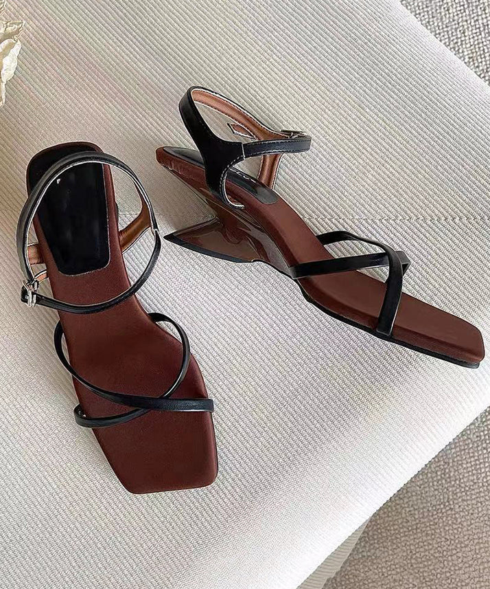 Stylish Beige Splicing Cowhide Leather Wedge Sandals Peep Toe