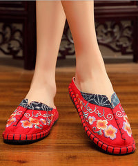 Vintage Red Slide Sandals Embroideried Cotton Fabric Splicing Slides