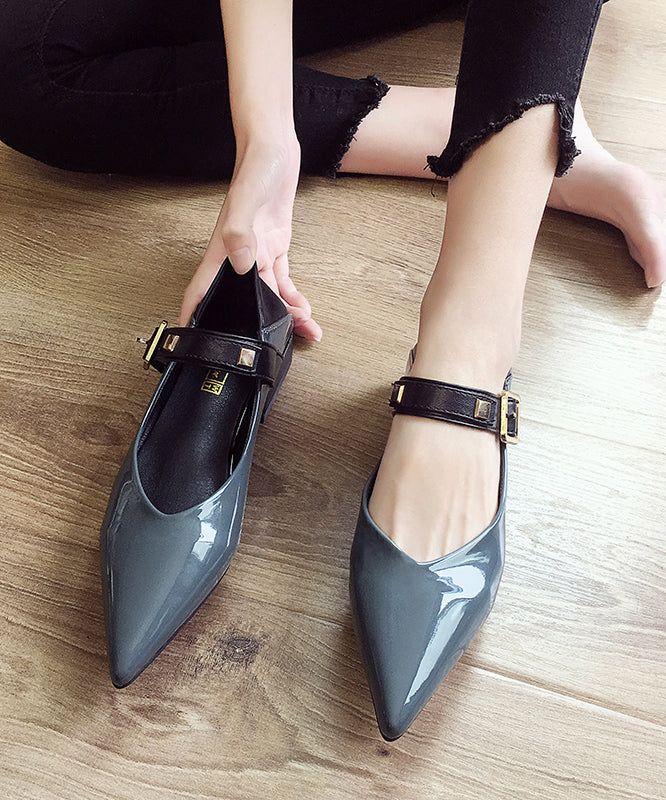 Black Flat Feet Shoes Faux Leather Splicing Buckle Strap