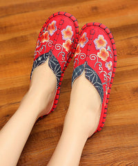 Vintage Red Slide Sandals Embroideried Cotton Fabric Splicing Slides