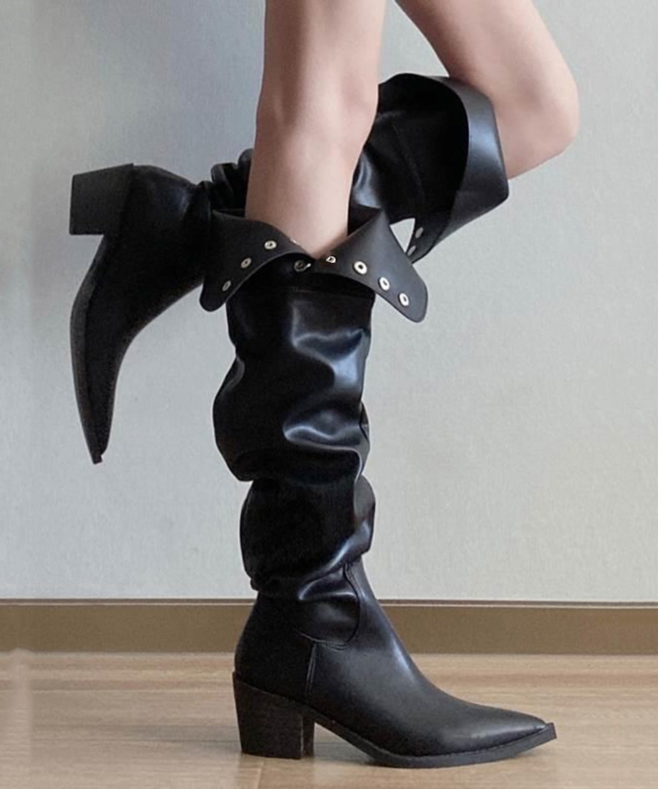 Splicing Chunky Knee Boots Black Faux Leather