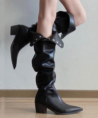 Splicing Chunky Knee Boots Black Faux Leather