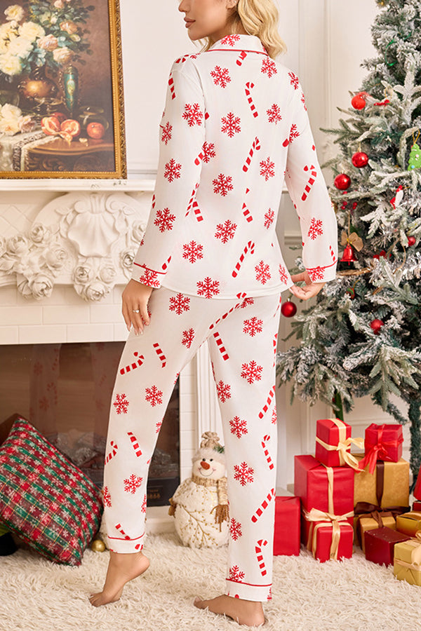 Snowflake Candy Print Casual Long-sleeved Shirt and Elastic Waist Pants Set